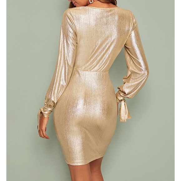Gold Metallic Deep V Ruffle Fitted Cocktail Dress - Picture 2 of 6